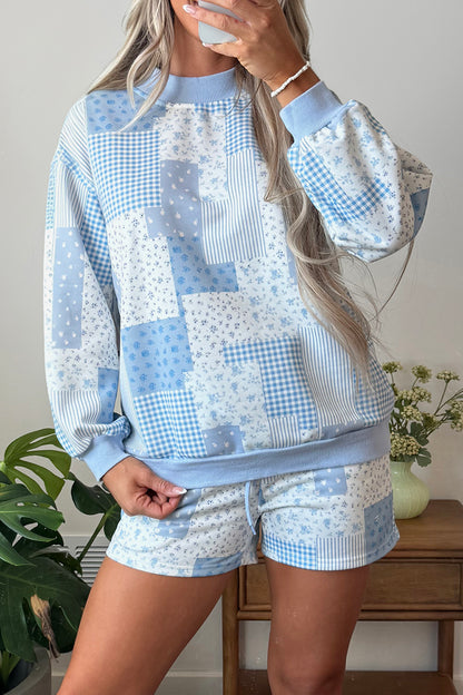 Green Patchwork Floral Print Drop Shoulder Baggy Pullover Drawstring Shorts Set