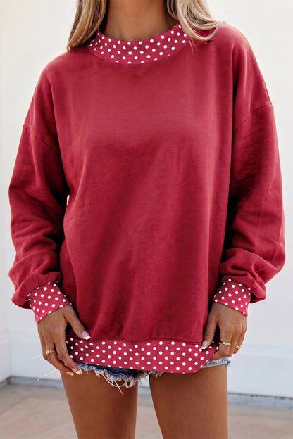 Burgundy Colorblock Polka Dot Contrast Trim Oversized Sweatshirt