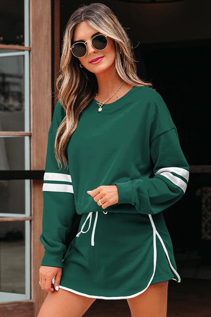 Orange Varsity Stripe Detail Drop Shoulder Pullover Mini Skort Set