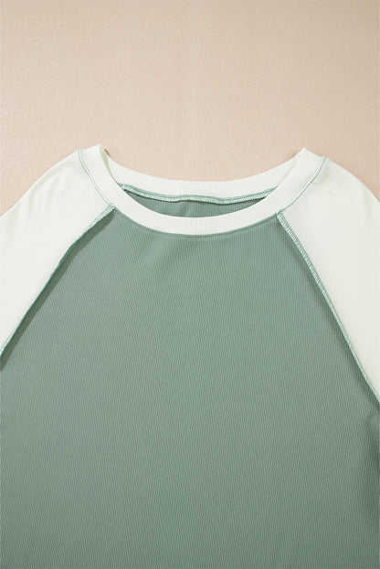 Ribbed Colorblock Patchwork Raglan Long Sleeve Top