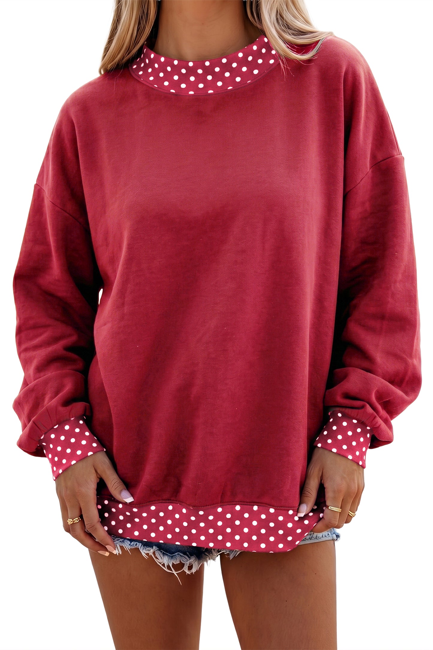 Burgundy Colorblock Polka Dot Contrast Trim Oversized Sweatshirt