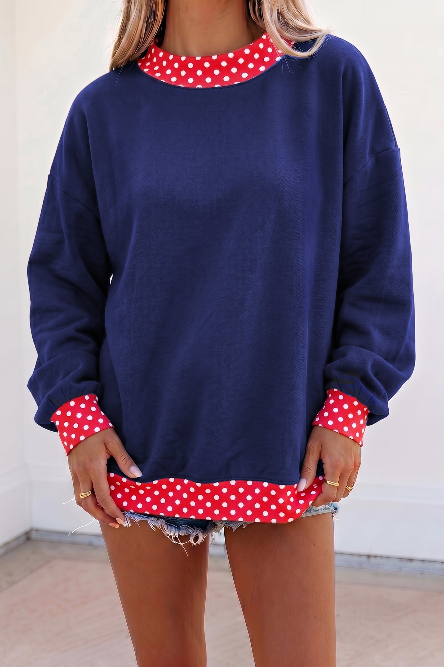 Burgundy Colorblock Polka Dot Contrast Trim Oversized Sweatshirt