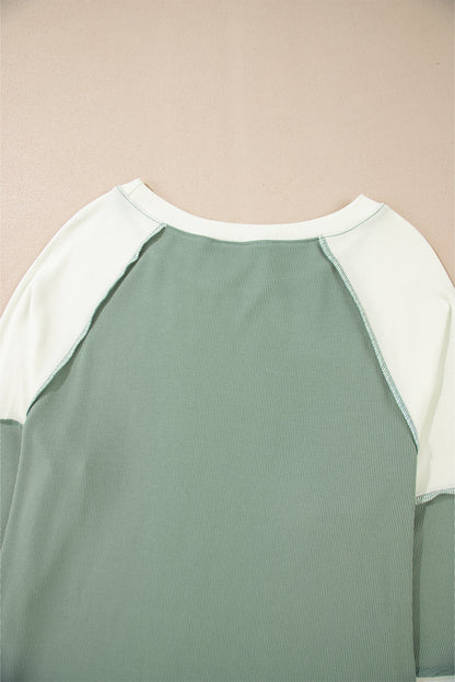 Ribbed Colorblock Patchwork Raglan Long Sleeve Top