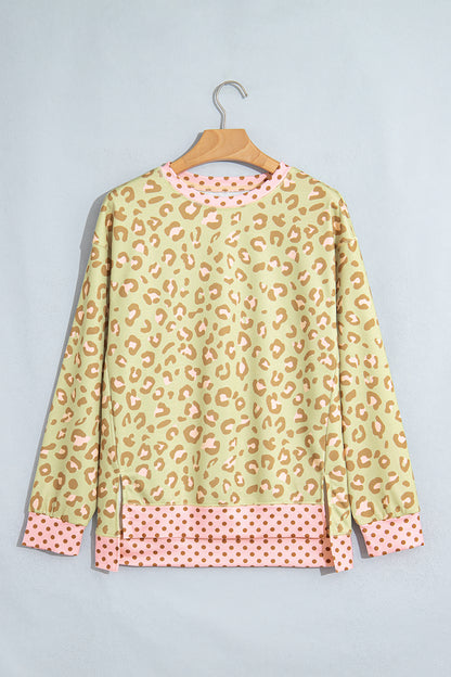 Pink Leopard Polka Dot Colorblock Trim Long Sleeve Top